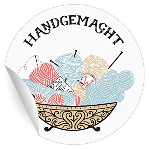 24 schöne Handarbeits Aufkleber für Selbstgemachtes mit Strick Korb voller Woll Knäuel: Handgemacht, weiß, MATTE universal Etiketten runde selbstklebende Sticker ø 45mm von Kartenkaufrausch