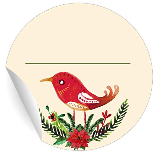 24 schöne Weihnachts Aufkleber mit Vogel und Weihnachtsstern zum Beschriften, beige, MATTE universal Papieraufkleber runde Sticker selbstklebende Etiketten für Dekoø 45mm von Kartenkaufrausch