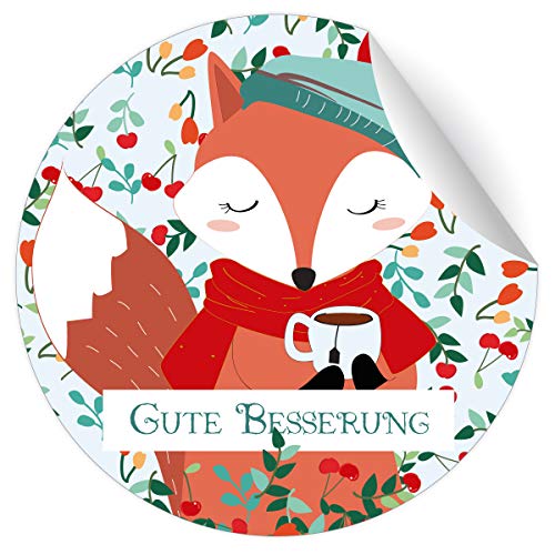 24 süße Genesungs Aufkleber mit kleinem Fuchs und Tasse Tee, MATTE universal Etiketten, runde selbstklebende Sticker für Deko, Pakete, Briefe ø 45mm; 1 Motiv Gute Besserung von Kartenkaufrausch