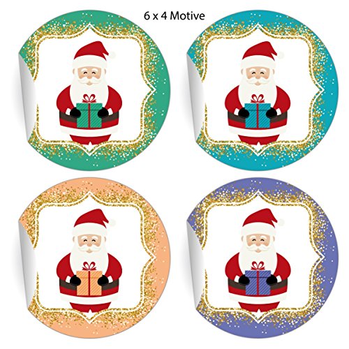 24 süße Weihnachts Geschenk Aufkleber mit Weihnachtsmann und Glitter Optik, bunt, MATTE universal Papieraufkleber zu Weihnachten, runde Sticker selbstklebende Etiketten ø 45mm von Kartenkaufrausch