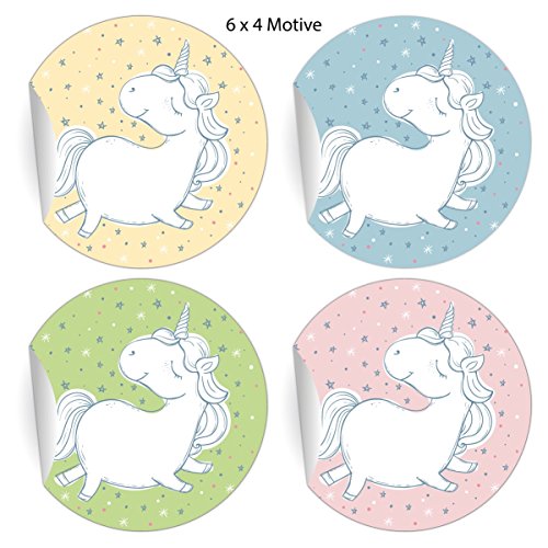 24 traumhafte Einhorn Aufkleber mit süßem Einhorn und Sternchen, Pastell Farben, MATTE universal Papieraufkleber auch, runde Sticker selbstklebende Etiketten für Dekoø 45mm von Kartenkaufrausch