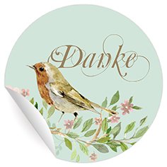 24 wunderschöne Dankes Aufkleber mit gemaltem Vogel auf hellblau, MATTE universal Papieraufkleber für Einladungen, Geschenke, runde Sticker selbstklebende Etiketten ø 45mm von Kartenkaufrausch