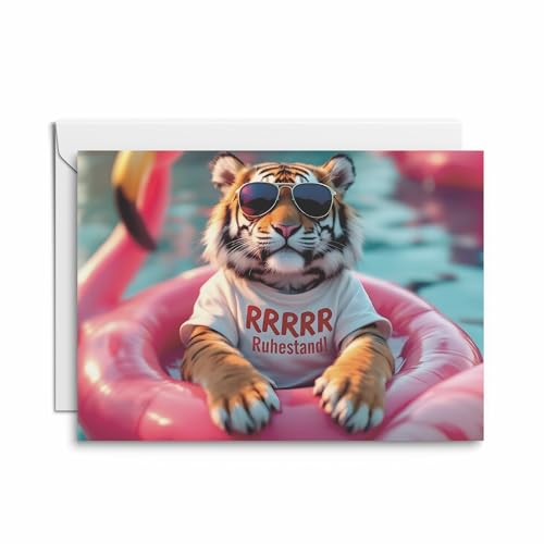 4er-Set Abschiedskarten zum Renteneintritt: Humorvolle Klappkarten mit Tiger im Pool – 'RRRRR Ruhestand!' Ein einzigartiges Geschenk für Kollegen oder Freunde, die ihren Feierabend genießen wollen. von Kartenkaufrausch