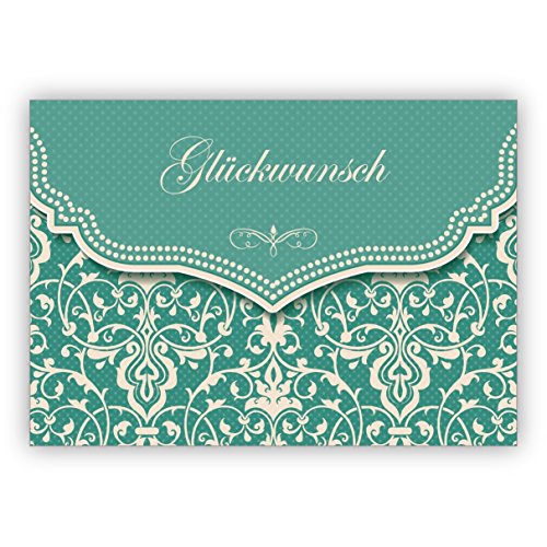 4x Schöne Glückwunschkarte mit Vintage Damast Muster in edlem Hellblau türkis zur Hochzeit, Taufe, Geburt, Examen etc: Glückwunsch • individuelle Klappkarte mit Umschlag zum Gratulieren von Kartenkaufrausch