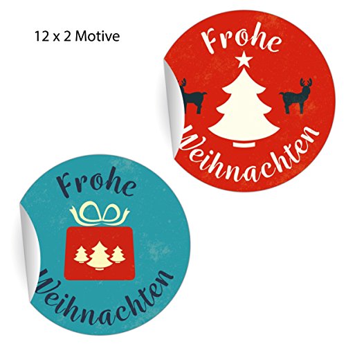 5 x 24 schöne Retro Weihnachts Aufkleber mit Weihnachtsbaum, Rentieren und Geschenk: Frohe Weihnachten, rot hellblau, MATTE Etiketten, runde selbstklebende Sticker ø 45mm von Kartenkaufrausch