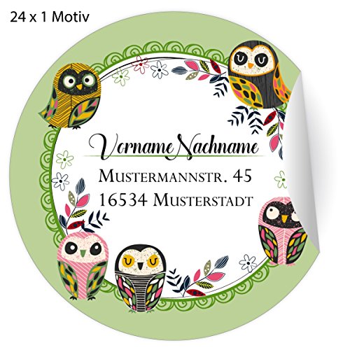 5x24 personalisierbare Adress-Aufkleber mit schlauen Eulen grün, MATTE universal Etiketten mit ihrem Text, runde selbstklebende Sticker, Namens Schilder für Deko (4,5cm) von Kartenkaufrausch