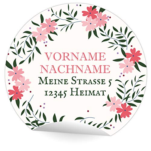 5x24 schöne, personalisierbare Adress-Aufkleber mit Blumenkranz, MATTE Etiketten runde Sticker mit ihrer Adresse Wunsch Text, universal runde selbstklebende Sticker ø 45mm von Kartenkaufrausch