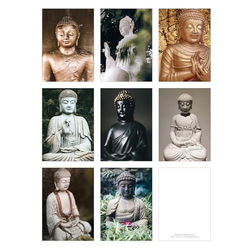 Kartenkaufrausch Achtsames Postkarten im Set mit Buddha für Ruhe und Gelassenheit, 8 Motive Rückseite weiß - auch schön als Geschenk Anhänger, einfach lochen fertig von Kartenkaufrausch