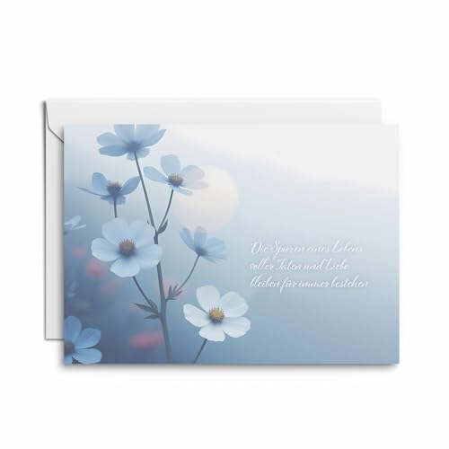 Kondolenzkarten Set (4 Stück) – Blaue Blumen mit Text Die Spuren eines Lebens, stilvolle Klappkarten, ideal für Trauerfamilien und Freunde von Kartenkaufrausch