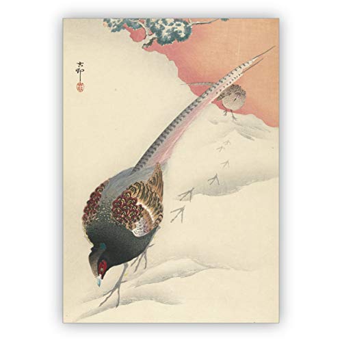 Schöne Künstler Klappkarte, Kunst Klappkarte, Glückwunsch Grußkarte: Ohara Koson, 1900-1945 - Fasanen Paar im Schnee • hochwertige Klappkarte mit Umschlag für Geldgeschenke von Kartenkaufrausch