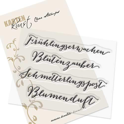 Clear-Stamp-Set Stempel-Gummi Karten-Kunst - Große Worte "Frühlingserwachen, Blütenzauber, Schmetterlingspost, Blumenduft" von Kartenkunst