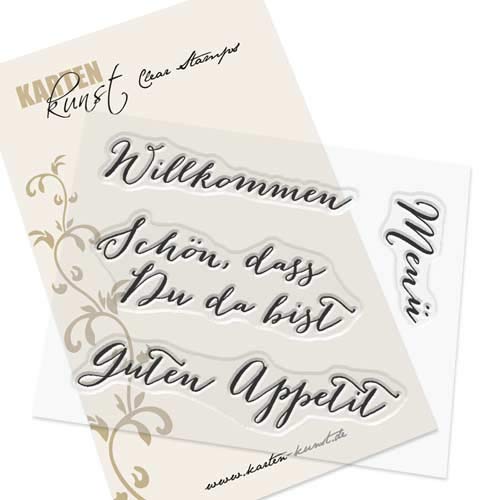 Clear-Stamp-Set Stempel-Gummi Karten-Kunst - Große Worte "Willkommen, Schön dass Du da bist, Menü, Guten Appetit" von Kartenkunst