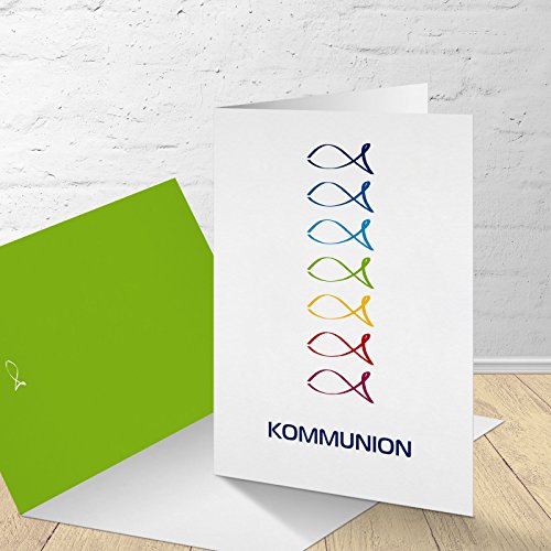 5 Karten zur Kommunion mit passenden Umschlägen, Motiv "bunte Fische", Einladungskarten zur Kommunion, Klappkarten im Set zu 5 Stk. von Kartenkuss