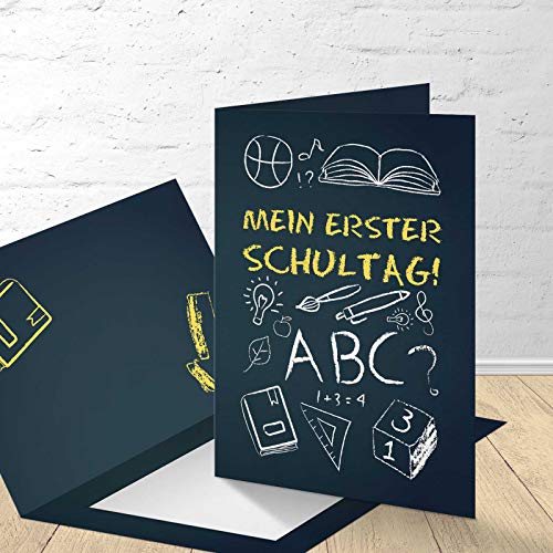 8 Einladungskarten für die Einschulung mit passenden Umschlägen, Einladungskarten zur Einschulung im Set zu 8 Stk. "Tafelbild" Design von Kartenkuss