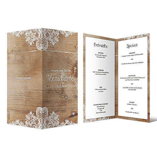 10 Stück personalisierte Hochzeit Menükarten Menü Speisen Getränke, Menge wählbar - "Rustikal mit weißer Spitze" Motiv DIN Lang Klappkarte, 300g/qm Kartonpapier von Kartenmachen.de