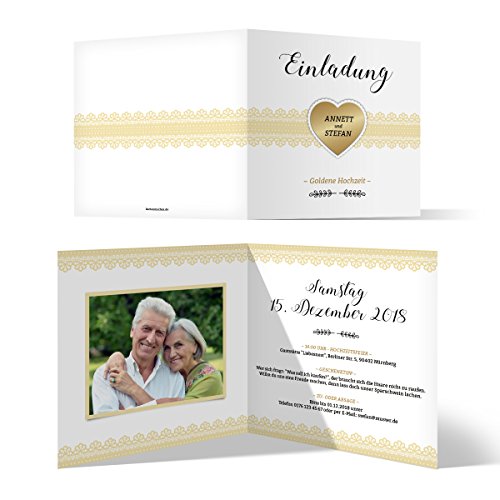 10 bis 100 personalisierte Hochzeitseinladungen zur Goldhochzeit goldene Hochzeit Einladung individuell - Goldherz Motiv, Klappkarte mit Ihrem Foto, quadratisch 148x148mm, festes Papier von Kartenmachen.de