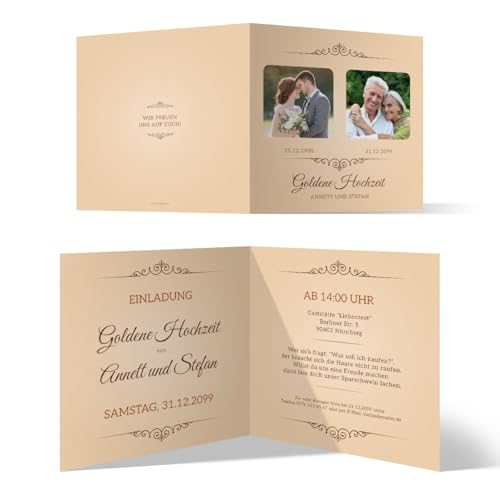 Individuelle Goldene Hochzeit Einladungskarten/Goldhochzeit Einladungen 50 Jahre - Zeitsprung Motiv, mit 2 Ihrer Fotos (früher und heute), 300g/qm Kartonpapier Klappkarten, 10 bis 100 Stück von Kartenmachen.de