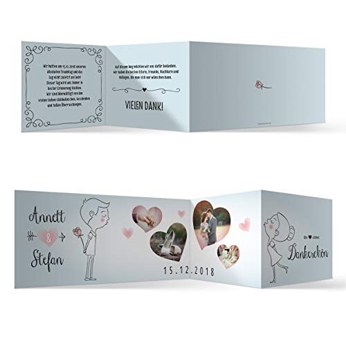 10 bis 100 Stück personalisierte Hochzeit Dankeskarten Danksagungskarten individuell mit Ihren Texten und Fotos Zickzack Klappkarte DIN Lang 99 x 210 mm - Küssendes Paar, festes Papier von Kartenmachen.de