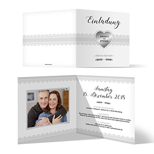 10 bis 100 personalisierte Hochzeitseinladungen zur Silberhochzeit silberne Hochzeit Einladung individuell - Silberherz Motiv, Klappkarte mit Ihrem Foto, quadratisch 148x148mm, festes Papier von Kartenmachen.de