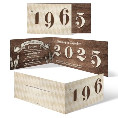 10 x Individuelle 60. Geburtstag Einladungskarten Klappkarten DIN Lang (210x98mm) - Bayerisches Holz von Kartenmachen.de