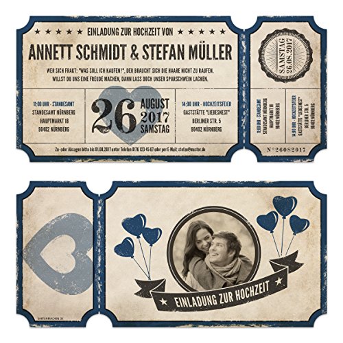 Kartenmachen.de 10 x Lasergeschnittene Foto Hochzeitseinladungen Hochzeitskarten - Retro Vintage Ticket Luftballons Blau von Kartenmachen.de