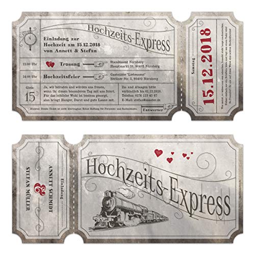 Kartenmachen.de 10 x Lasergeschnittene Vintage Hochzeitseinladungen individuell mit Ihrem Inhalt und echtem Abriss - Marmor Zugticket Hochzeitsexpress von Kartenmachen.de