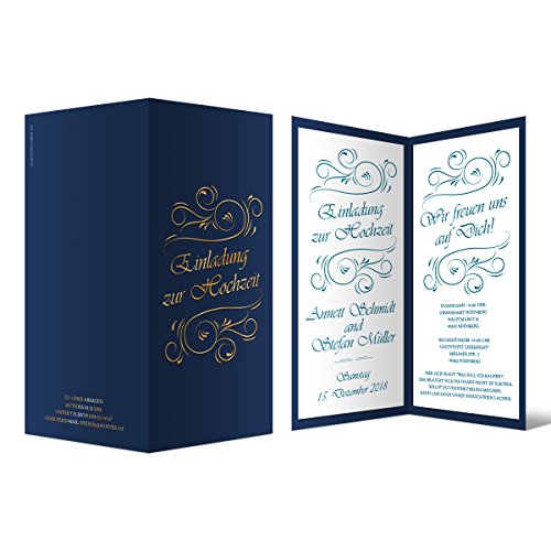 30 x Individuelle Hochzeitseinladungen romantisch elegante Hochzeit Einladungskarten individuell - "Traumschön" Motiv, Blau, Gold, Weiß, DIN Lang Klappkarten 98x210mm von Kartenmachen.de