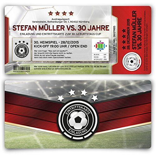 Einladungen (30 Stück) zum Geburtstag Deutschland Fußball Ticket 4 Sterne Einladungskarten von Kartenmachen.de