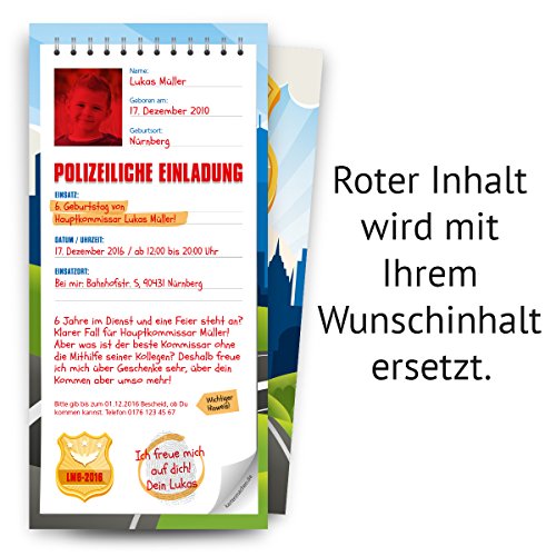 Kartenmachen.de Einladungskarten Kinder (10 Stück) Geburtstag als Polizei Notizblock Vorladung Einladung von Kartenmachen.de