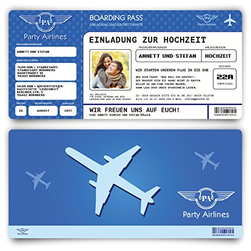 Kartenmachen.de Einladungskarten zur Hochzeit (30 Stück) Flugticket mit Foto Einladung in Blau von Kartenmachen.de