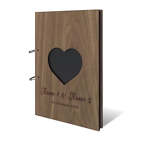 Hochzeit Fotoalbum Okoume Holz Gravur individuell Holzcover mit 50 Fotokarton 300g/qm schwarzen Innenseiten (25 Blätter) DIN A4 hoch 215 x 302 mm - Herz von Kartenmachen.de