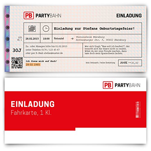 Individuelle Einladungskarten zum Geburtstag (10-100 Stück selbst gestalten) als lustige Bahnkarte Bahn Karte Zug Ticket Zugticket Zugkarte von Kartenmachen.de