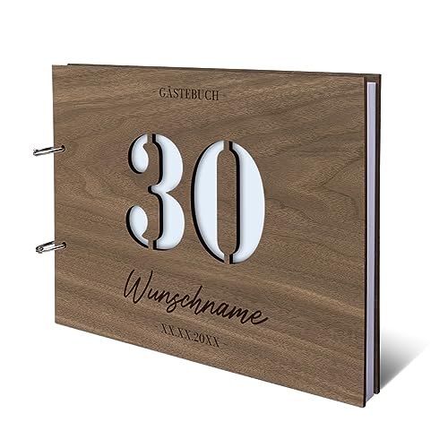 Individuelles Gästebuch zum 30. Geburtstag – Echtes Holz mit Persönlicher Gravur, Zahl ausgestanzt – hochwertige 72 Blatt / 144 Naturpapier Seiten, DIN A4 Quer – Ideal für bleibende Erinnerungen von Kartenmachen.de