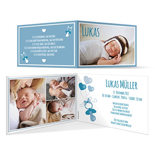 Jungen Geburtskarten personalisiert (30 Stück, Menge wählbar) - Schnuller - Geburt Babykarten Foto Karten in Blau, DIN A6 Klappkarte, dickes Kartonpapier von Kartenmachen.de