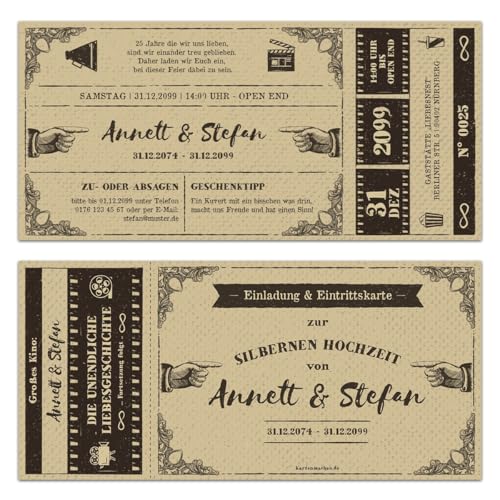 Kartenmachen.de 10 x Hochzeitseinladungen Silberhochzeit silberne Hochzeit Einladung - Vintage Kinoticket von Kartenmachen.de