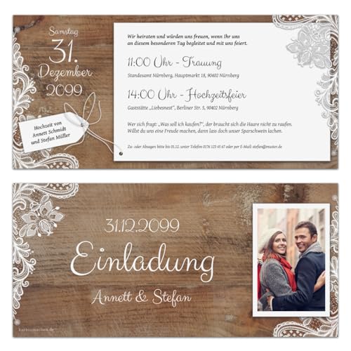 Kartenmachen.de 10 x Hochzeitseinladungen individuell mit Ihrem Text und Foto als DIN Lang Ticket 99 x 210 mm - Rustikal mit weißer Spitze von Kartenmachen.de