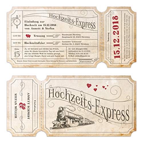 Kartenmachen.de 10 x Lasergeschnittene Vintage Hochzeitseinladungen individuell mit Ihrem Inhalt und echtem Abriss - Sand Zugticket Hochzeitsexpress von Kartenmachen.de