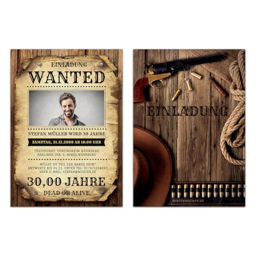 Kartenmachen.de Einladungskarten zum Geburtstag (10 Stück) als Wanted Poster mit Foto Western Kopfgeld von Kartenmachen.de