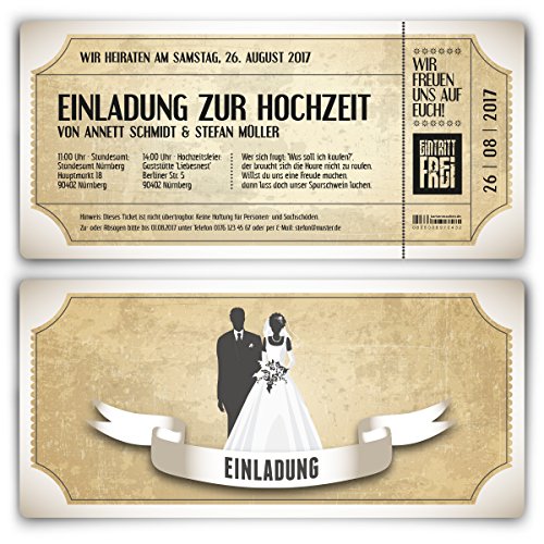 Kartenmachen.de Personalisierte Einladungskarten zur Hochzeit (ab 10 Stück Sets selbst gestalten) als Eintrittskarte mit echtem Abriss im Vintage Ticket Look Hochzeitskarten in Weiß von Kartenmachen.de