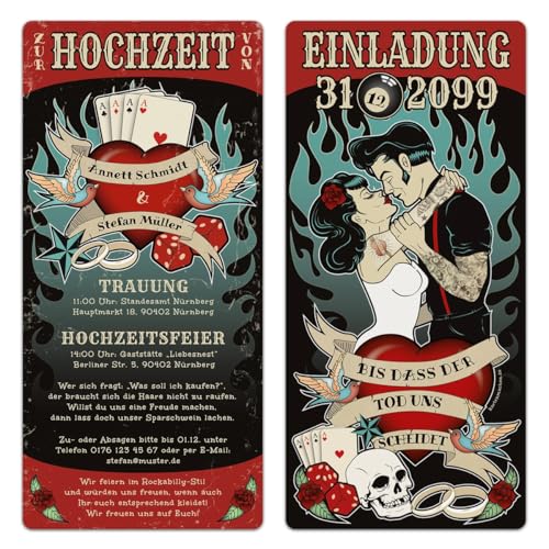 Kartenmachen.de Hochzeit Einladungen (10 Stück) - Rockabilly - Hochzeitskarten Vintage Rock 1950er von Kartenmachen.de