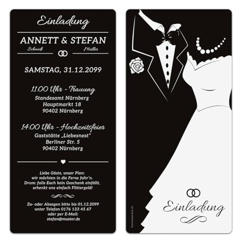 Kartenmachen.de Personalisierte Einladungskarten Hochzeit (ab 10 Stück) - Black & White Brautpaar - Schwarz - Hochzeitseinladungen von Kartenmachen.de