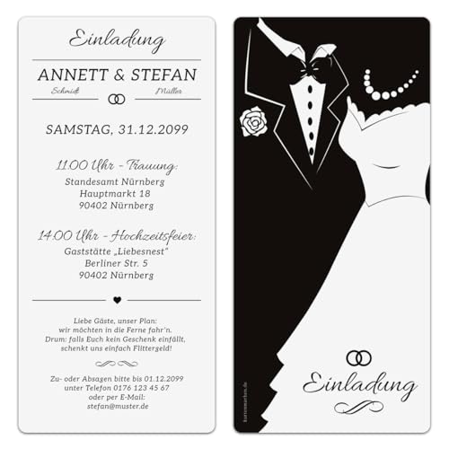 Kartenmachen.de Personalisierte Hochzeit Einladungskarten Black & White Brautpaar, ab 10 bis 100 Stück selbst gestalten, dickes Papier, DIN Lang 99x210mm von Kartenmachen.de