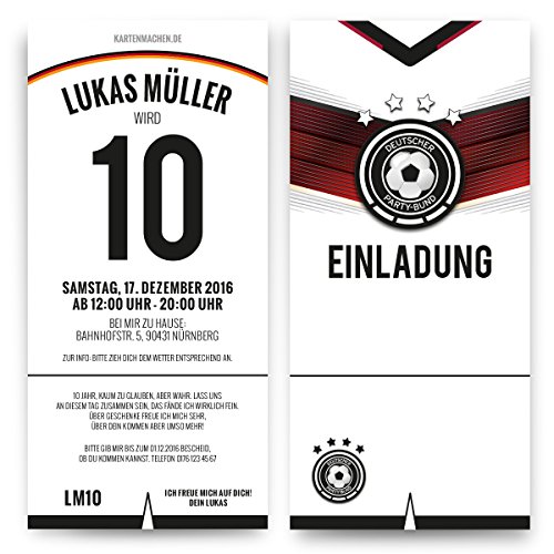 Kartenmachen.de Personalisierte Einladungskarten zum Kindergeburtstag (10 Stück bis 100 Stück wählbar) - Deutschland Fußball Trikot Einladung, Alter als Trikotnummer von Kartenmachen.de