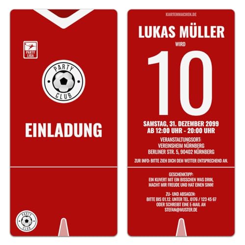 Kartenmachen.de Personalisierte Einladungskarten zum Kindergeburtstag im Fußball Vereinstrikot Design, ab 10 bis 100 Stück selbst gestalten, Alter als Trikotnummer von Kartenmachen.de