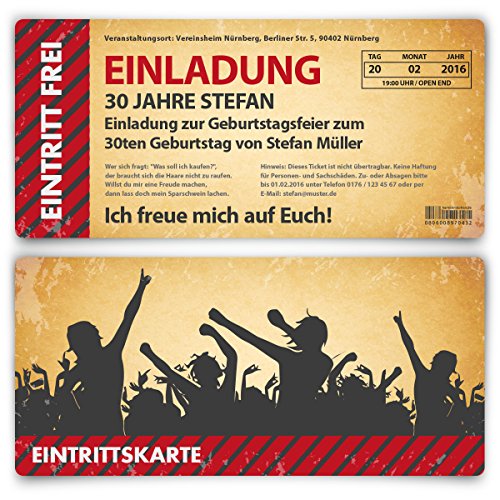 Kartenmachen.de Personalisierte Ticket Einladungskarten zum Geburtstag 10 bis 100 Stück als Eintrittskarte mit echtem Abriss, Vintage Party, Umschläge optional, 300g/qm Kartonpapier, für jedes Alter von Kartenmachen.de