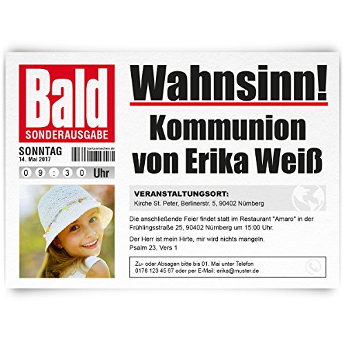 Lustige Kommunion Einladungskarten gestalten als "Bald" Zeitung ab 10 Stück Set Kommunionskarten Einladung mit Ihrem Bild von Kartenmachen.de