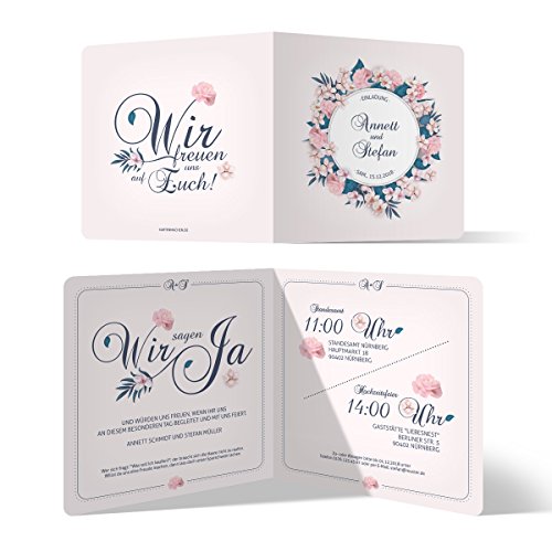 Personalisierte 10-100x Stück Hochzeitseinladungen/Einladungskarten zur Hochzeit Einladung individuell - Blumen Romantik Motiv, Klappkarte Quadrat 148x148mm, dickes 300g/qm Papier von Kartenmachen.de