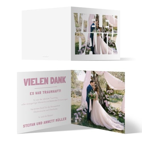 Personalisierte 10 bis 100x Stück Hochzeit Foto Dankeskarten Danke Danksagungskarten Karten individuell - Fotoschrift, Klappkarte 148x148mm mit Ihrem Foto und Text, dickes 300g/qm Papier von Kartenmachen.de