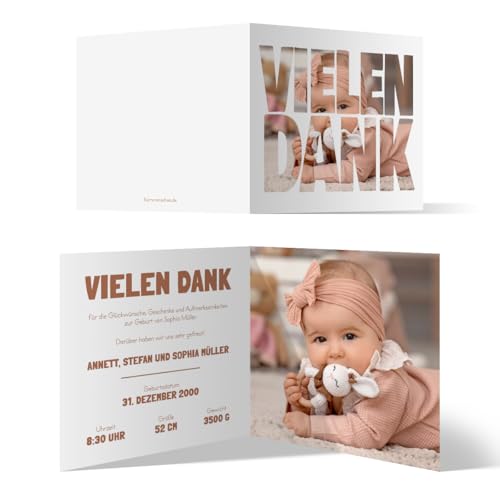 Personalisierte Foto Geburtskarten Babykarten Danksagung Dankeskarte Geburt Mädchen Junge - Fotoschrift, ab 10 bis 100 Stück, großes Bild 148x148mm Klappkarten, dickes 300g/qm Kartonpapier von Kartenmachen.de