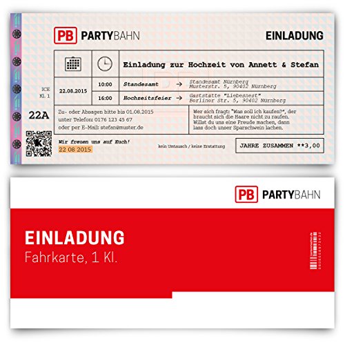 Personalisierte witzige Hochzeitseinladungen (ab 10 Stück) als Bahnkarte Bahn Karte Zug Ticket Zugticket von Kartenmachen.de